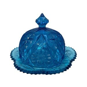 VINTAGE Kemble Blue Glass Dish With Dome Lid Collectible Butter/Cheese Dish